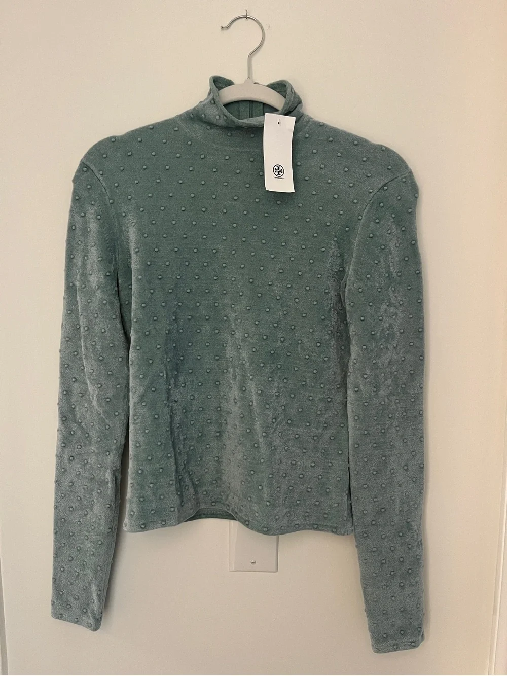 NWT Tory Burch Seafoam Green Textured Swiss Dot Mock Neck Top [SIZE XS]